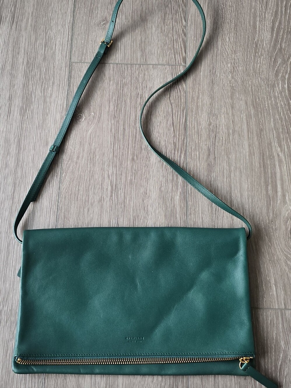 Everlane Forest Green Leather Crossbody Bag Gold Zipper Made in Spain